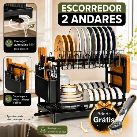 Escorredor De Louça Dois Andares Para Prato Talheres Bancada Secador Organizador Cozinha Drenagem Automatica 360° Laruno Preto