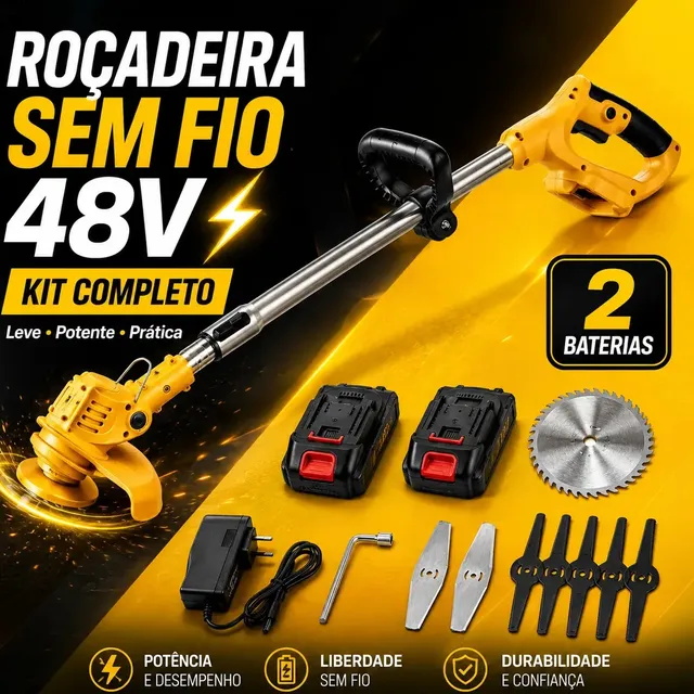 Roçadeira Elétrica Sem Fio 48V Aparador Cortador de Grama Mato e Capim a Bateria Recarregável com 2 Baterias Kit Completo Bivolt Amarela