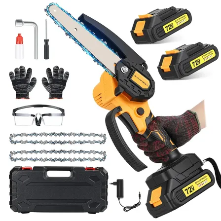Motosserra Eletrica Portatil 6 Polegadas, 2 Baterias, 600w 3000rpm Potente Mini Moto Serra Profissional Com Maleta - Starmega Amarelo 127/220v