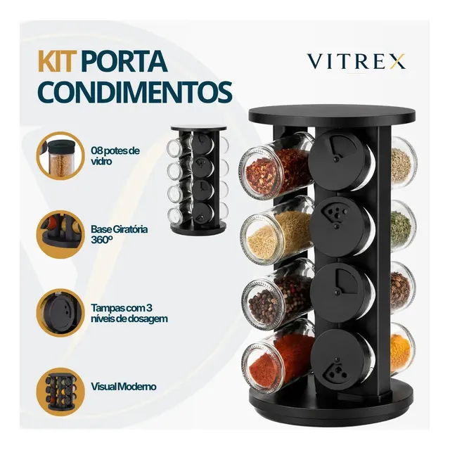 Kit Porta Condimentos Vitrex 8 Potes Em Vidro Preto Com Base Giratória