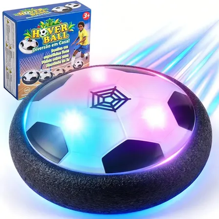 Brincamundo Bola Flutuante Flat Ball Hoverball Futebol Indoor Com Luz LED 3 Velocidades e Bate Volta Preto Branco