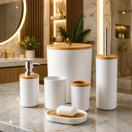Kit Acessórios Banheiro 6 Peças Lixeira Escova Sanitária Dispenser Sabão Líquido Porta Escova Dente Saboneteira Cor Branco