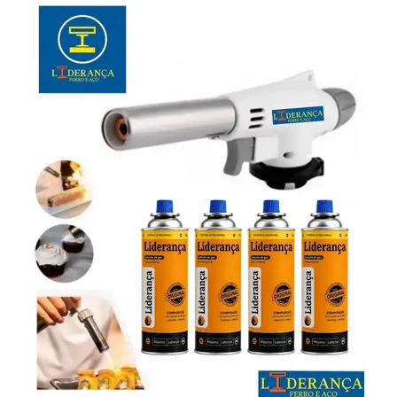 Kit Completo Maçarico Multiuso Culinário Profissional Acendedor Churrasqueira Carvão Lareira + 4 Refil Marca Liderança Branco