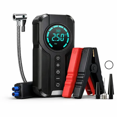 Auxiliar de Partida e Compressor de Ar Portátil 6 em 1 Inteligente para Carro, Moto e Bicicleta com Lanterna e Power Bank