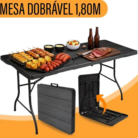Mesa Dobrável Yab Preta Madeirada 1,80m x 70cm para Festas e Eventos