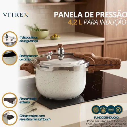 Panela De Pressão Indução 4,2L Revestimento Ceramico Antiaderente Com 4 Valvulas De Segurança Fechamento Externo, Cabos Soft Touch Vitrex Creme Granito