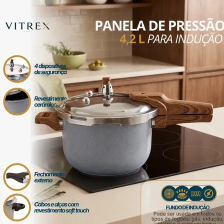 Panela de Pressão Vitrex Ceramic 4.2 L Cinza, com Indução e Antiaderente