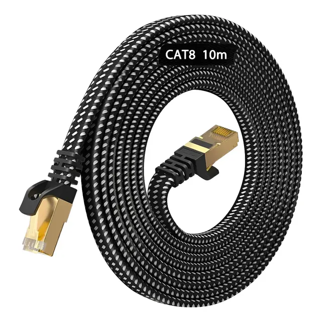 Cabo de rede Cat8 de 10 metros, 40 Gbps, 2000 MHz, nylon plano, cobre puro trançado