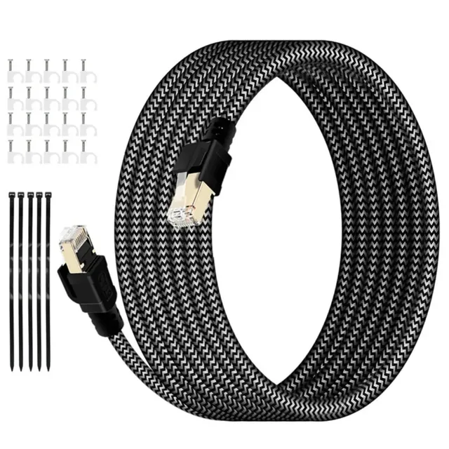 Cabo De Rede Cat8 De 20 Metros, 40 Gbps, 2000 Mhz, Nylon Circular, Cobre Puro Trançado