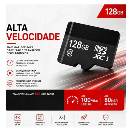 Cartão De Memória Micro Sdxc Ultra 128gb Classe 10 Uhs-i Até 100mb/s Com Adaptador Sd Full Hd Para Celular Smartphone Tablet Câmera De Segurança Drone Nintendo Switch E Console