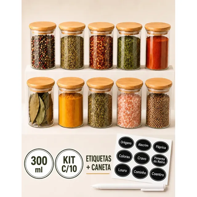 Porta-temperos Ame Cozinha Porta Temperos Bambu Marrom Om Capacidade Para 10 Unidades, Inclui 10 Potes