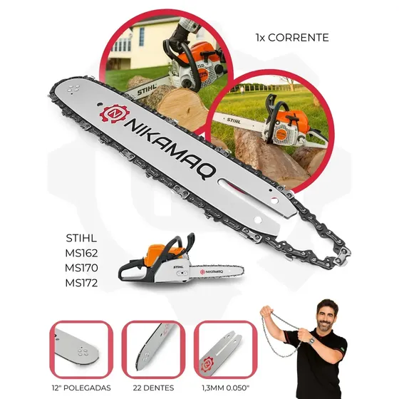 Kit Sabre Saibro Barra Facão + Corrente 22 Dentes Para Motosserra Stihl Ms162 170 172 180 182 210 212 230 250 E 250 12"Polegadas Nikamaq
