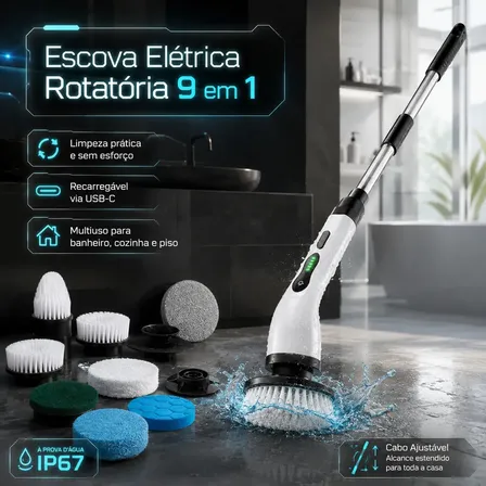 Mop Escova Elétrica Rotatória 9 Em 1 Recarregável Usb-c Multiuso Limpeza Para Banheiro Cozinha E Piso Branco