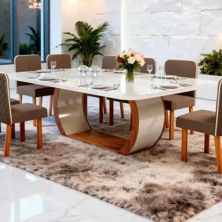 Sala De Jantar 220x110 Stone 8 Cadeiras Ayla Bom Pastor Nogal/off Bp Linho Marrom