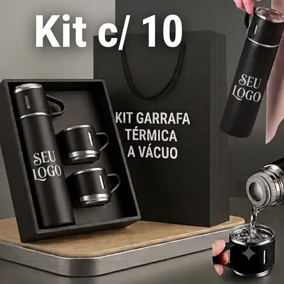 10 Kit Garrafa Térmica Xícara Personalizada Nome Logo Empresa