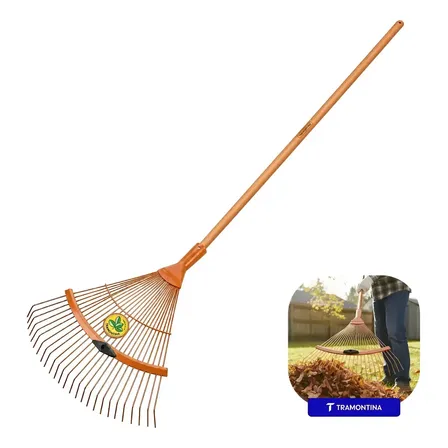 Vassoura Rastelo Ferro Jardinagem 22 Dentes Tramontina Com Cabo De Madeira Para Rastelar Grama Reforçada Profissional Laranja