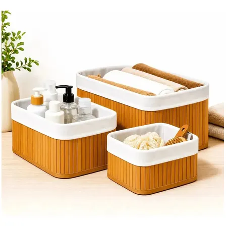Kit 3 Cestos Domésticos Organizadores De Bambu Multiuso Bege