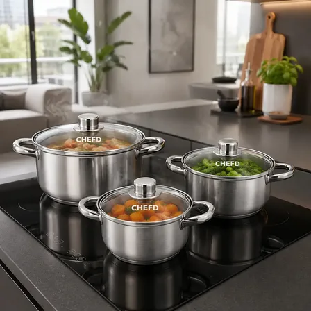 Jogo de Panelas Chef D Inox 3 Peças com Tampa de Vidro p/ Indução