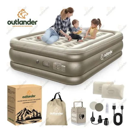 Colchão Inflável Casal Queen Bomba Elétrica Outlander Bege 210x160x46cm