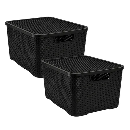 Kit 2 Cesto Caixa Organizadora Rattan Tampa 7 Litros Preto Alça Brinquedo Cozinha Lavanderia Antimofo Mantimento Multiuso Armario Guarda Roupa Organização Decoração