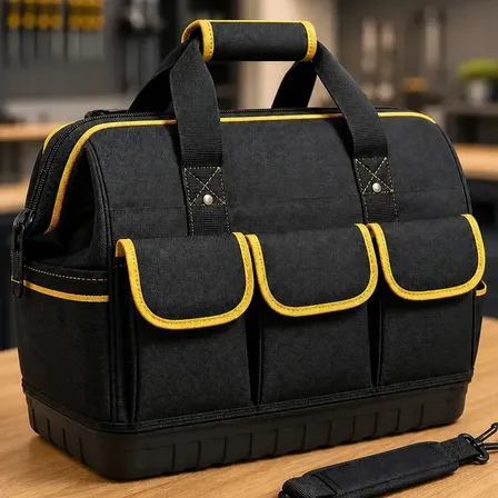 Bolsa Maleta De Ferramentas 14 Pol Grande E Reforçada 16 Bolsos, 8 Internos E 8 Externos, Base Rígida E Alça Removível Para Eletricista E Profissionais Preto E Amarelo Hardline