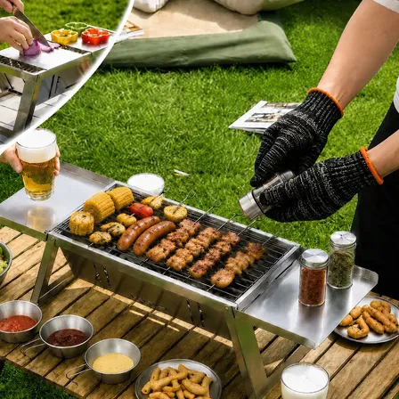 Churrasqueira Portátil Dobrável Inox Para Camping E Varanda, Com 30 Espetos E Prateleira Lateral Prateado
