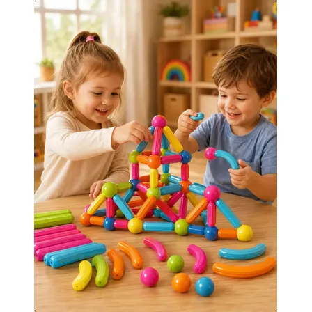 Blocos Magnéticos De Montar Brinquedo Educativo Infantil Kit 103 Peças Bolas E Bastões Montessori Stem