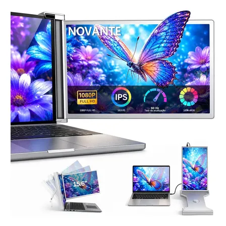 NOVANTE monitor duplo portatil para Notebook 15.6 Polegadas, Tela Externa IPS Full HD 1080P 60Hz Acoplável com HDMI e USB-C, Extensor de Tela para Trabalho, Estudo e Multitarefas
