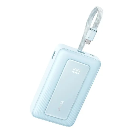 Carregador Portátil Power Bank Anker 20000mAh 45W Carga Turbo Rápida Display Digital Cor Azul Com 1 Cabo USB-C Integrado, 1 Porta USB-C e 1 USB-A, Para iPhone, Samsung, Motorola, AirPods e Mais