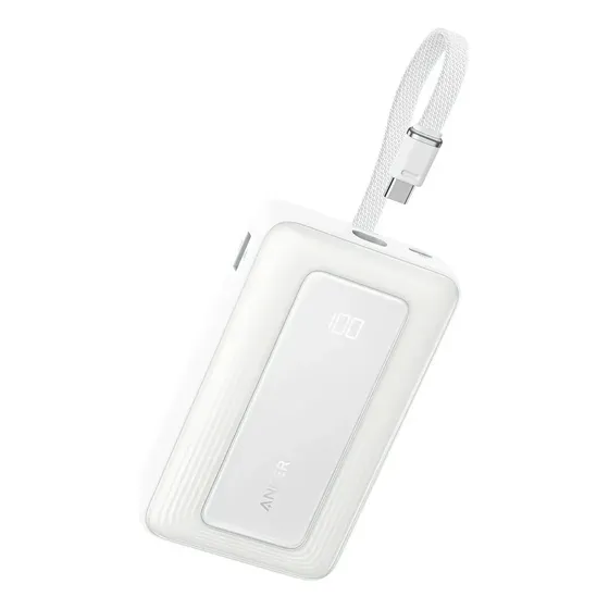 Carregador Portátil Power Bank Anker 20000mAh 45W Carga Turbo Rápida Display Digital Cor Branco Com 1 Cabo USB-C Integrado, 1 Porta USB-C e 1 USB-A, Para iPhone, Samsung, Motorola, AirPods e Mais