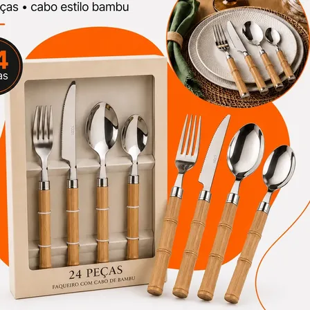 Faqueiro 24 Peças Inox Bambu Mesa Elegante Talheres Hold On