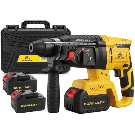Martelete Furadeira Perfurador Rompedor Professional 1000w Sds Plus Com 2 Baterias 21v 4000mah Maleta Gorillaz Amarelo E Preto 60 Hz