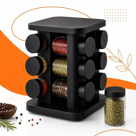Porta-temperos Giratório Viacruz Com 12 Potes De Vidro 85ml, Para Mesa E Bancada Preto