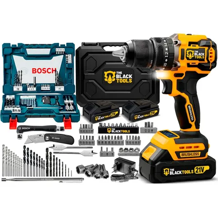 Parafusadeira Furadeira Impacto Brushless Sem Fio 2 Baterias The Black Tools Com Kit Brocas Bits Soquetes 68 Peças Bosch Amarelo 127/220v 50/60hz