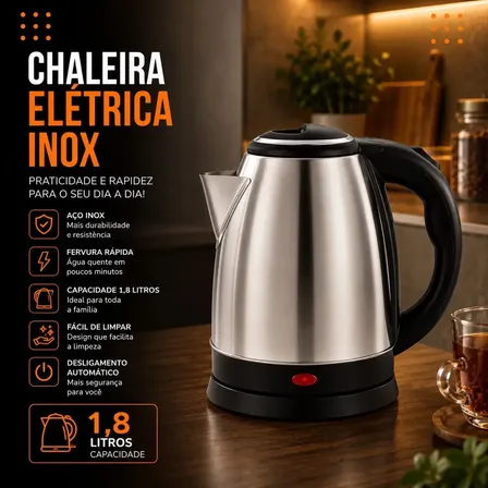 Chaleira Jarra Elétrica 1,8l Litros Em Inox Desligamento Automático Aquecimento Rápido Segura Café Chá Fácil Abertura Tampa Alça Viacruz 127v