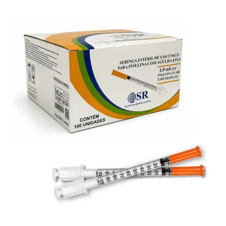 Seringa para Insulina 1 mL com Agulha Fixa 6 x 0,25 mm (31G) | Caixa com 100 Unidades | SR