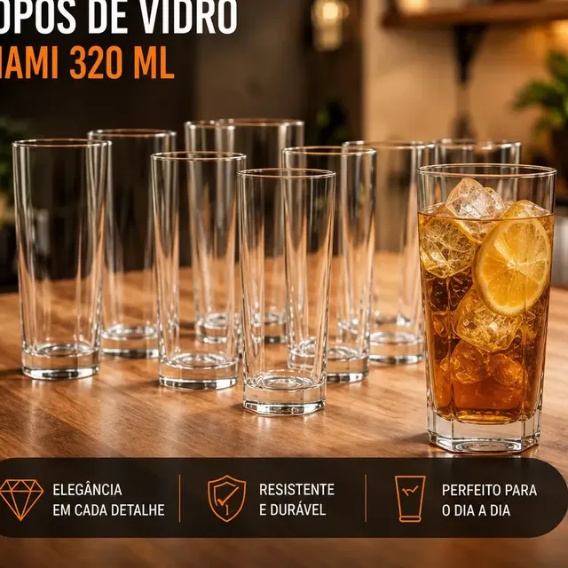 Jogo de 6 Copos Alto 320ml Miami Vidro Grosso Moderno Luxo Transparente Quadrado ViaCruz