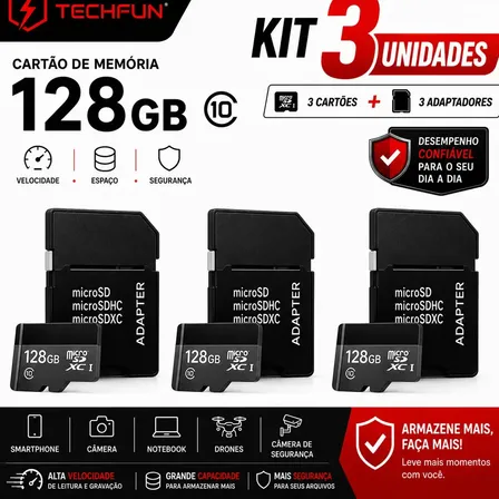 Kit 3 Cartões De Memória Micro SD 128GB Techfun Classe 10 Com Adaptador SD Alta Capacidade Para Celular Câmera Segurança Drone Notebook Tablet Smartphone Filmadora Full HD Armazenamento Rápido