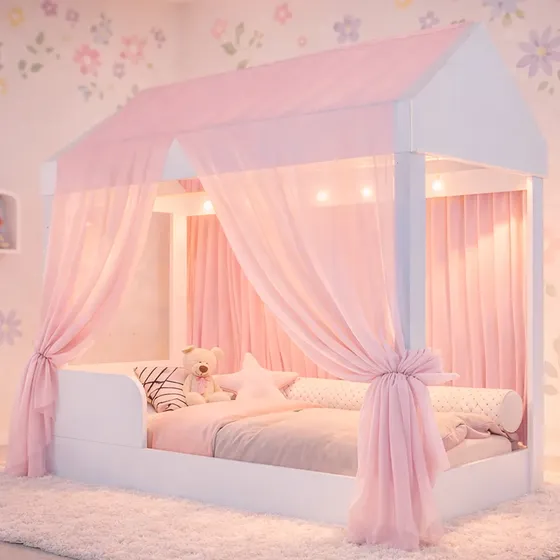Berço Mini Cama Crystal Montessoriana Casinha Com Voal Rosa