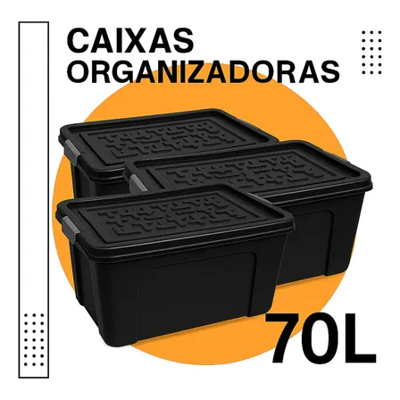 Kit 3 Caixa Organizadora De Plástico 70 Litros Tampa Grande