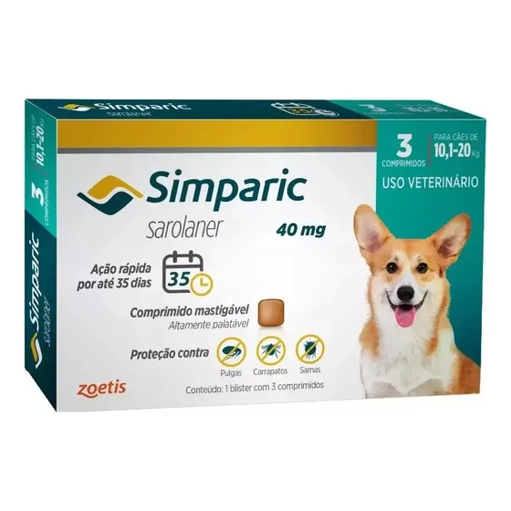 Antipulgas Para Cães Simparic 40mg De 10-20kg 3 Comprimidos