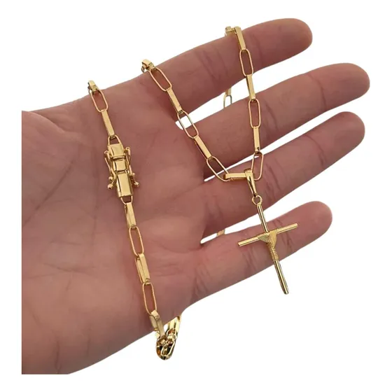 Corrente Cordão Masculino + Pingente Cruz Banhado A Ouro 18k