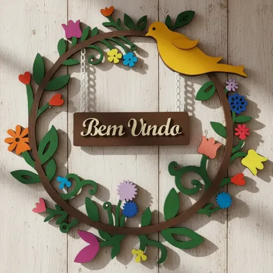 Placa Bem Vindo Guirlanda Em Mdf Pintado