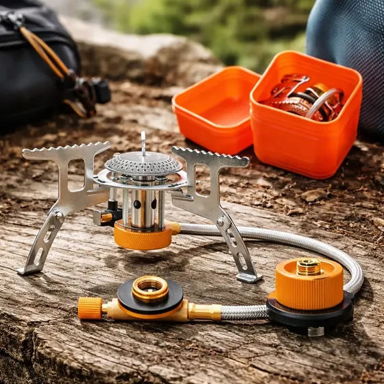Mini Fogareiro Camping Trekking + Adaptador Para Gás De Tubo