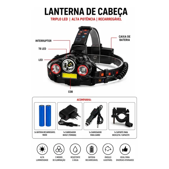 Lanterna Farol De Cabeça Led T6 E 3 Leds R2 Triplo Led + Bat Branco Preto