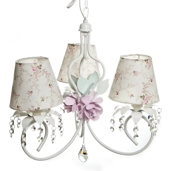 Lustre 3 Lâmpadas Provençal Cristais E Flores Rosa Bebê