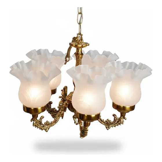 Lustre Pendente Colonial 5 Vidro Dourado Luxo Antigo Colina