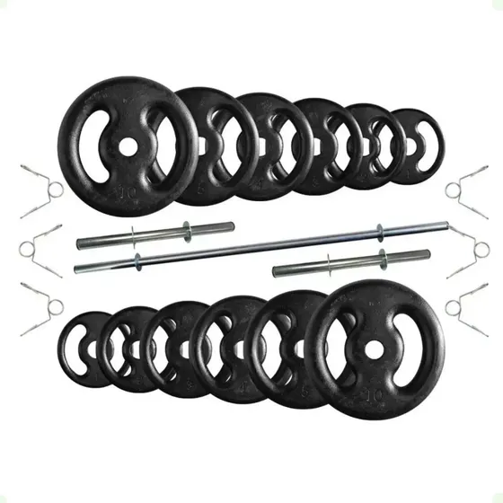Kit 50 Kg De Anilhas De Ferro + Barras De Supino E Halteres