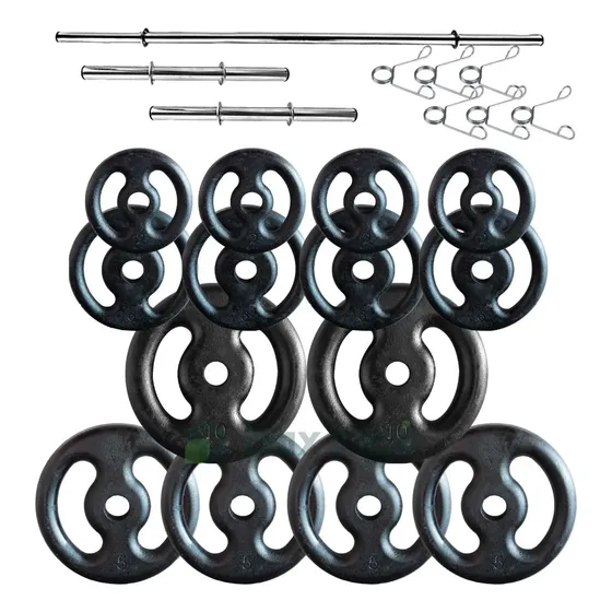 Kit 60 Kg De Anilhas De Ferro + Barras De Supino E Halteres