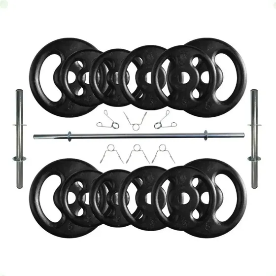 Kit 40 Kg De Anilhas De Ferro + Barras De Supino E Halteres